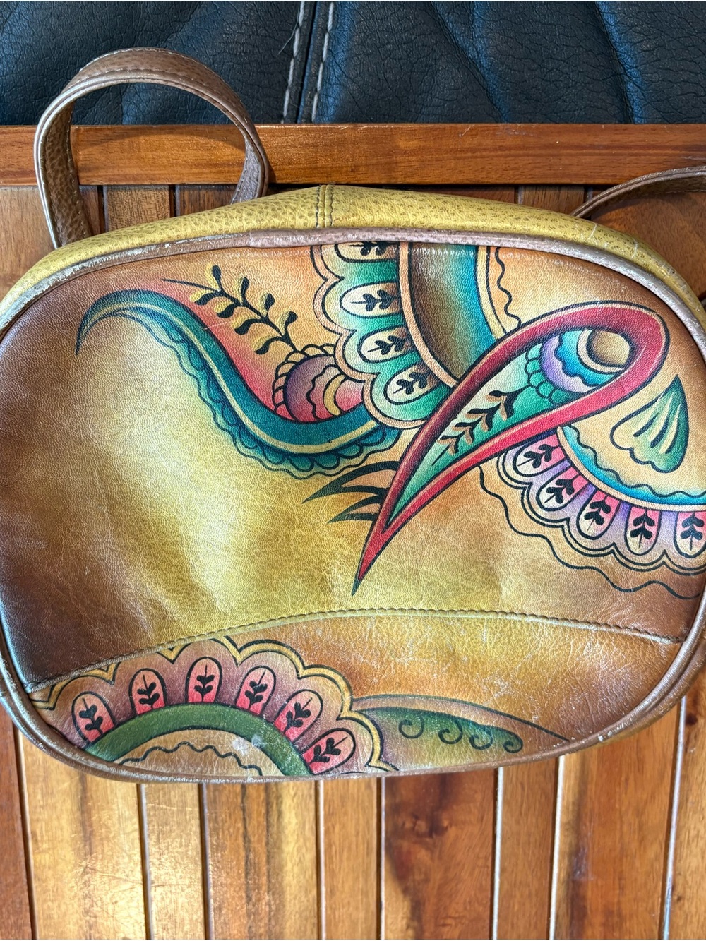 Vintage Anna by Anuschka Hand Painted Leather Crossbody Purse Boho Paisley Art